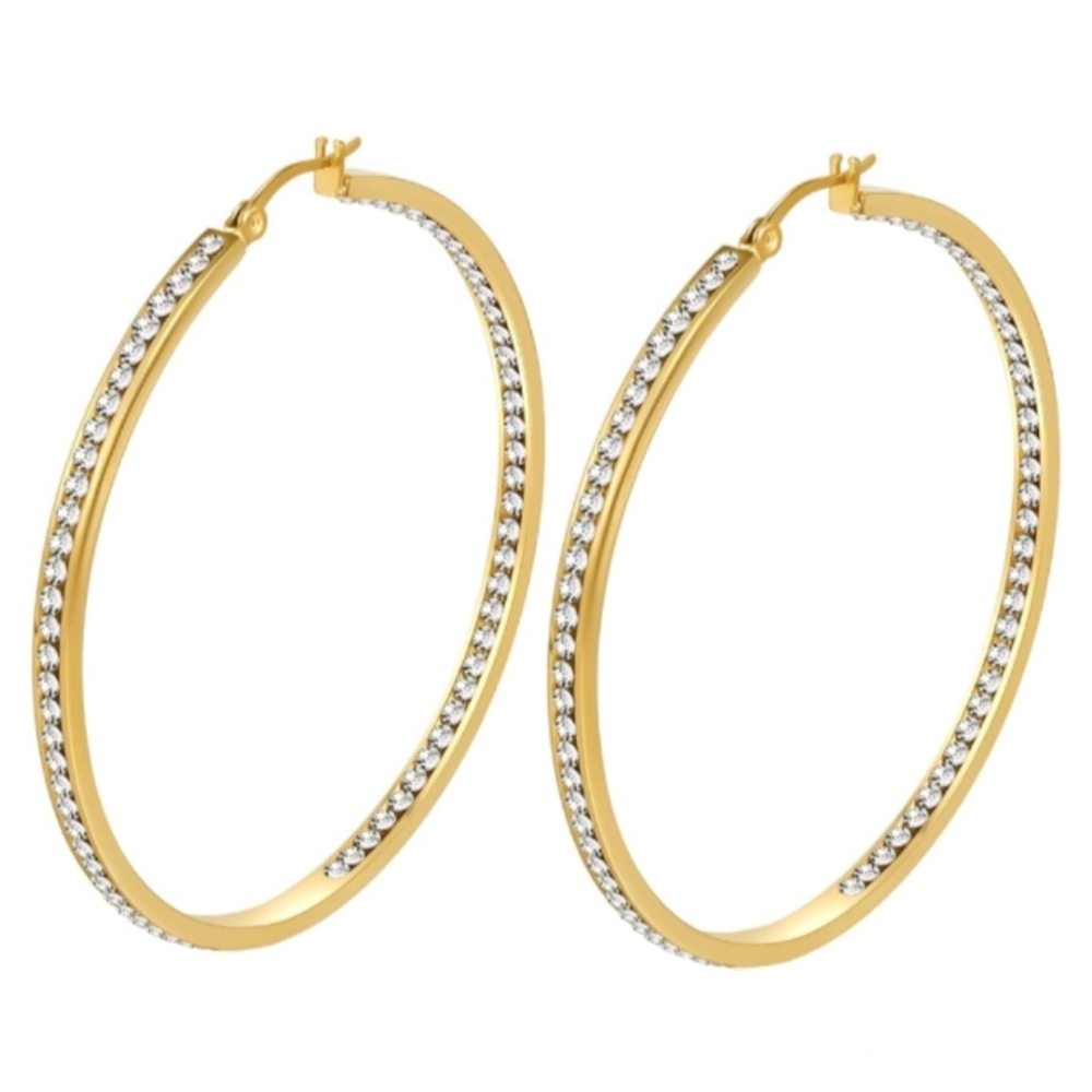 Big Clear Rhinestone Gold Hoop Earrings Sparkle Channel Hoops CZ Crystals New